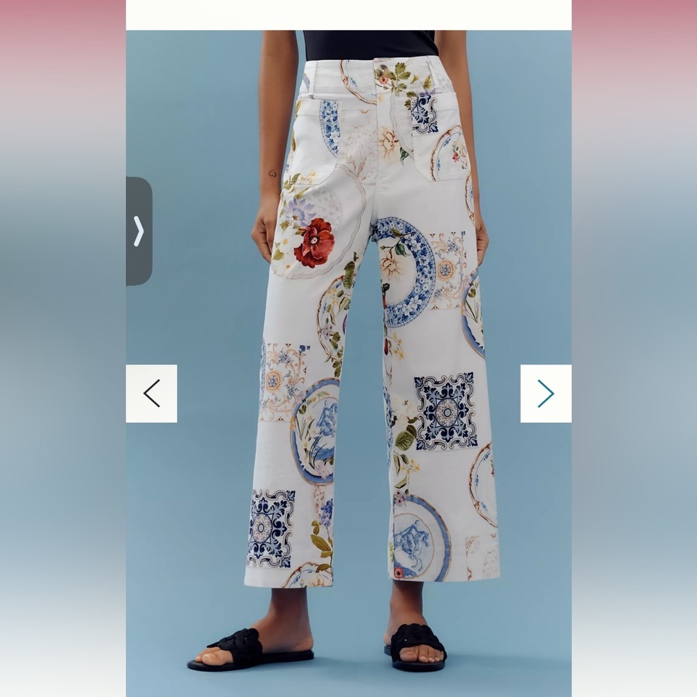 Anthropologie White Wide-Leg Tile & Floral Print Pants- 29-Tall